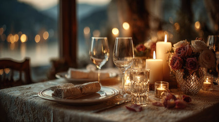 A beautifully arranged dinner table featuring elegant elements, soft candlelight, and floral decorations, perfect for a romantic evening overlooking nature's serenity.の素材