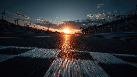 A breathtaking sunset near a racing track sets the scene with vibrant colors and dramatic clouds, capturing the beauty of evening light on asphalt.の素材