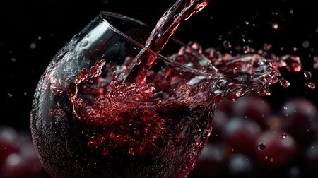 A captivating image showcasing a glass filled with vibrant red liquid, splashing against a dark backdrop, accompanied by fresh grapes, emphasizing luxury and elegance.の素材