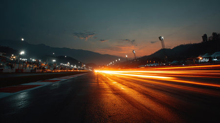 This captivating image captures a dynamic night racing scene with vibrant light trails on a wet track under a stunning twilight sky. The atmosphere is charged with excitement and speed.の素材