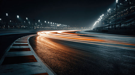 This captivating image captures the essence of high-speed racing at night, showcasing blurred light trails of vehicles on a sleek race track.の素材