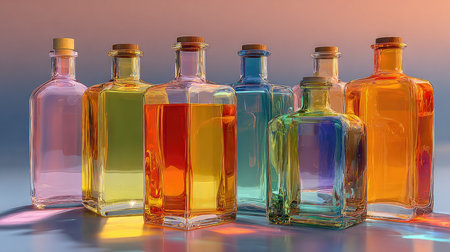 A vibrant collection of glass bottles with cork tops, showcasing assorted colors and shapes. This still life captures the beauty of light and design.の素材