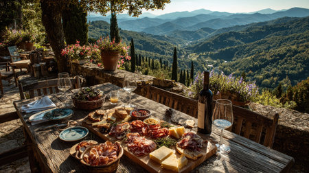 A picturesque outdoor dining experience featuring a rustic table laden with a vibrant charcuterie board, wine glasses, and breathtaking mountain scenery.の素材