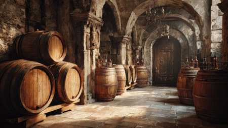 An enchanting scene of rustic wooden barrels in an ancient stone cellar, featuring vintage decor and a warm ambiance illuminated by soft light.の素材