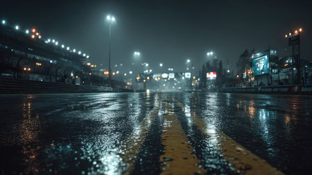 A captivating scene of a rain-soaked racing track at night, with glowing lights creating vibrant reflections on the wet asphalt, perfect for motorsport themes.の素材
