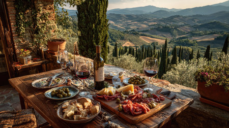Enjoy a breathtaking dining experience in the Italian countryside, featuring a rustic table adorned with wine, cheese, and charcuterie, set against a stunning sunset backdrop.の素材