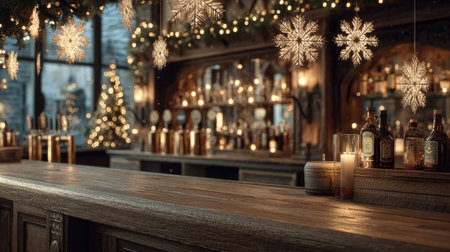 This enchanting bar interior features a warm and cozy atmosphere, adorned with festive decorations, snowflakes, candles, and a Christmas tree, ideal for holiday celebrations.の素材
