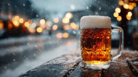 A frosty beer mug sits on a rustic wooden table, surrounded by a magical snowy winter backdrop, glowing bokeh lights creating a festive atmosphere.の素材