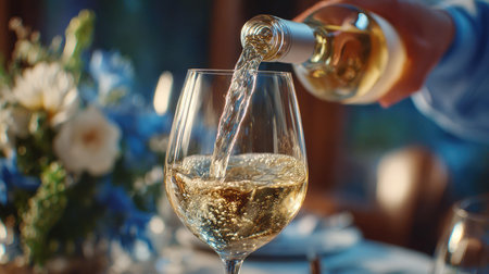 A beautifully arranged dinner table features a hand pouring white wine into a crystal glass, surrounded by vibrant flowers and warm, inviting lighting, perfect for gatherings.の素材