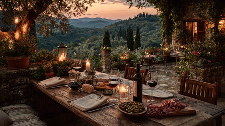 Discover a serene outdoor dining setup at sunset in Tuscany, featuring a rustic table adorned with wine, olives, and candles, surrounded by stunning landscape views.の素材