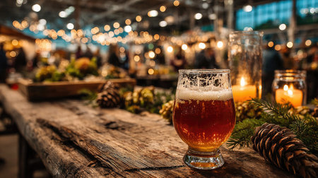 Captivating image of a craft beer glass resting on a weathered wooden table in a warm brewery, adorned with candles and pine, creating an inviting atmosphere.の素材