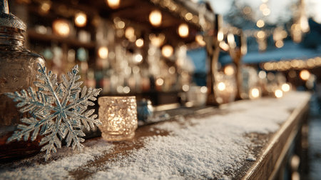 A beautiful winter scene featuring a snowflake decoration on a snowy bar top, illuminated by warm lights creating a cozy and inviting atmosphere.の素材