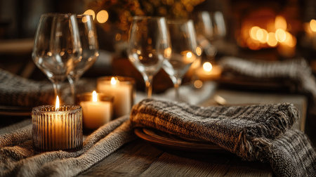 A beautifully arranged dinner table featuring elegant glassware and glowing candles, perfect for creating a warm and inviting atmosphere for special gatherings.の素材
