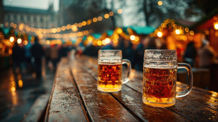 Two mugs of beer sit on a wooden table at a lively winter market, surrounded by twinkling lights and a bustling crowd, creating a warm festive atmosphere.の素材