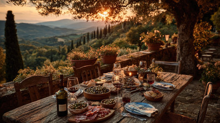 Experience a tranquil outdoor dining setup at sunset, featuring a rustic wooden table adorned with gourmet food and fine wine, with scenic hills as the backdrop.の素材