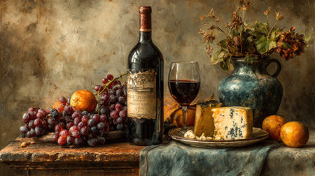 A beautifully arranged still life featuring a bottle of red wine, glass, grapes, cheese, and rustic decor elements, perfect for culinary art lovers.の素材