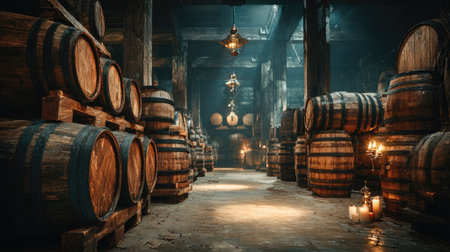 This image features a captivating rustic storage hall filled with wooden barrels, softly illuminated by ambient lighting, creating a serene distillery atmosphere.の素材