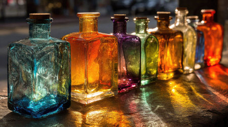 A captivating array of colorful glass bottles filled with light, showcasing their vibrant hues on a sunlit tabletop, perfect for artistic decor.の素材