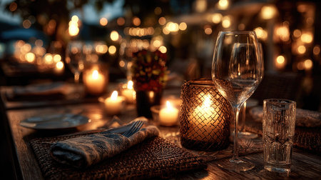 A beautifully arranged outdoor dining table featuring elegant glassware and soft candlelight, creating a warm atmosphere perfect for romantic evenings or special celebrations.の素材
