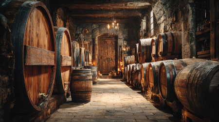 Explore a beautifully rustic wine cellar featuring large wooden barrels, warm lighting, and an inviting atmosphere ideal for vintage enthusiasts.の素材