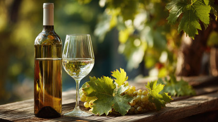 A beautiful still life featuring a bottle of white wine and a glass filled with wine, surrounded by fresh grapes and green leaves on a rustic wooden table.の素材