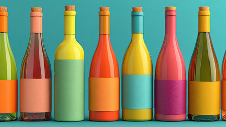 A captivating arrangement of colorful bottles featuring unique labels against a striking turquoise background, ideal for design, marketing, and creative projects.の素材