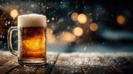 A frosty beer mug filled with golden liquid and topped with foam sits on a wooden table, surrounded by gentle snowfall and warm bokeh lights.の素材