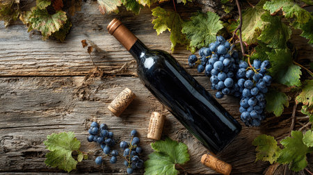 An elegant wine bottle lies on a rustic wooden table, accompanied by fresh grapes and corks, evoking a sense of celebration and luxury in nature.の素材
