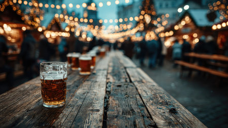 This image captures glasses of beer on a rustic wooden table, set against a charming holiday market filled with festive lights and a lively crowd.の素材