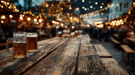 Enjoy the inviting scene of a lively outdoor beer garden, where friends gather to savor drinks amid warm fairy lights and autumn vibes.の素材