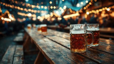 A vibrant scene featuring refreshing glasses of beer on a rustic wooden table. The outdoor festival atmosphere is enhanced by twinkling lights and a lively crowd, perfect for social gatherings and celebrations.の素材