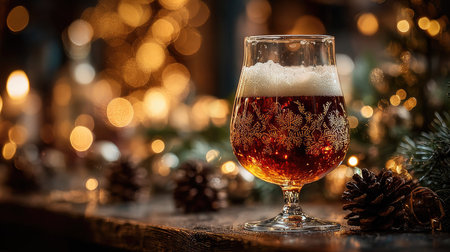 A beautifully crafted glass of beer topped with frothy foam, set against a backdrop of twinkling lights and festive pinecones, captures the spirit of celebration.の素材
