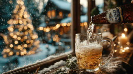 A warm and inviting winter scene featuring a glass of beer being poured, with a beautifully decorated Christmas tree in the soft glow of lights outside.の素材