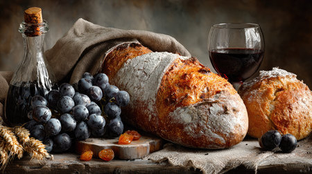 A beautiful still life scene featuring freshly baked artisan bread, succulent grapes, and a glass of rich red wine. Perfect for food lovers.の素材