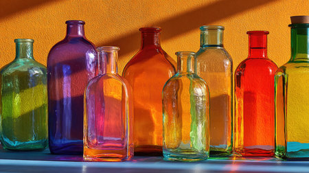 This captivating image showcases a collection of colorful glass bottles with various shapes and sizes. Set against a vibrant orange backdrop, the scene highlights the beauty of transparency and light interaction, making it perfect for design and decor inspiration.の素材