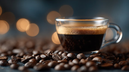 A visually appealing close-up of a glass cup filled with rich espresso, resting on a bed of coffee beans, with a soft bokeh background enhancing its inviting warmth.の素材