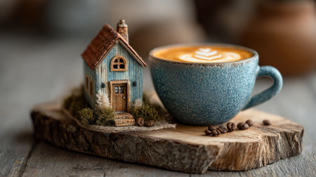 A charming miniature house sits beside a beautifully crafted latte cup, creating a cozy ambiance. Perfect for coffee lovers and rustic decor enthusiasts.の素材