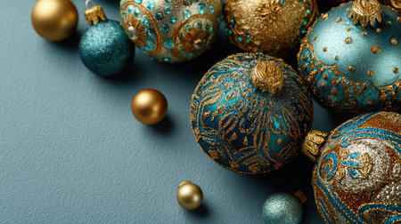 This stunning image showcases a collection of exquisite Christmas ornaments in gold and blue, arranged beautifully on a soft blue backdrop. Perfect for holiday themes.の素材