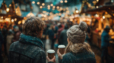 A charming winter scene featuring a couple holding warm beverages in a snowy market filled with festive lights and joyful crowds, evoking holiday spirit.の素材