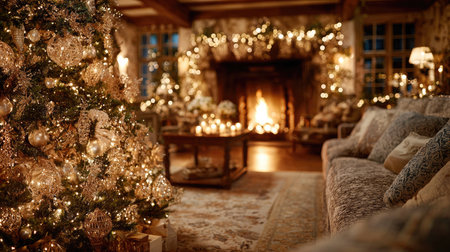 This beautifully decorated living room captures the spirit of the holiday season with a glowing Christmas tree, twinkling lights, and a welcoming fireplace.の素材