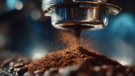 This vibrant close-up captures freshly ground coffee pouring from an espresso machine, surrounded by coffee beans, showcasing the rich texture and aroma.の素材