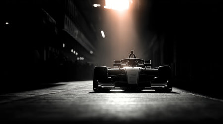 This striking image captures a high-speed race car silhouette set against a dimly lit garage environment, with an atmospheric light beam creating a sense of anticipation and drama.の素材