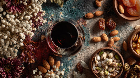 A stunning overhead image capturing a wine glass amid an assortment of nuts and dried fruits, perfect for gourmet gatherings or rustic celebrations.の素材