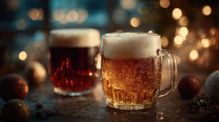 Two vibrant glasses of beer placed together, one dark and one light, create a delightful and cozy atmosphere perfect for holiday celebrations.の素材