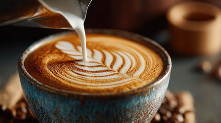 A stunning close-up of latte art being poured into a rustic ceramic cup filled with rich coffee, showcasing intricate patterns and textures.の素材