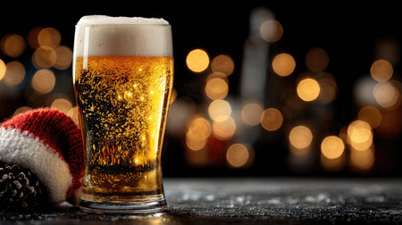 A tall glass of golden beer filled with bubbles and topped with froth sits in focus against a beautifully blurred backdrop of warm bokeh lights, evoking a cozy winter atmosphere.の素材