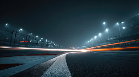 Captivating night scene showcasing a racing track illuminated by stadium lights, featuring dynamic light trails of speeding vehicles amidst a foggy atmosphere.の素材