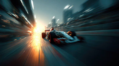 A high-speed race car navigating an urban track at sunset, showcasing dynamic motion with a stunning blur effect and captivating lighting.の素材