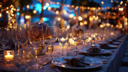 A stunning dinner table setting illuminated by soft candlelight and twinkling lights, perfect for an elegant evening event or celebration under the stars.の素材