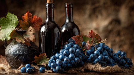 This captivating still life composition features rich red grapes, elegant wine bottles, and lush foliage against a textured background, creating an inviting atmosphere.の素材